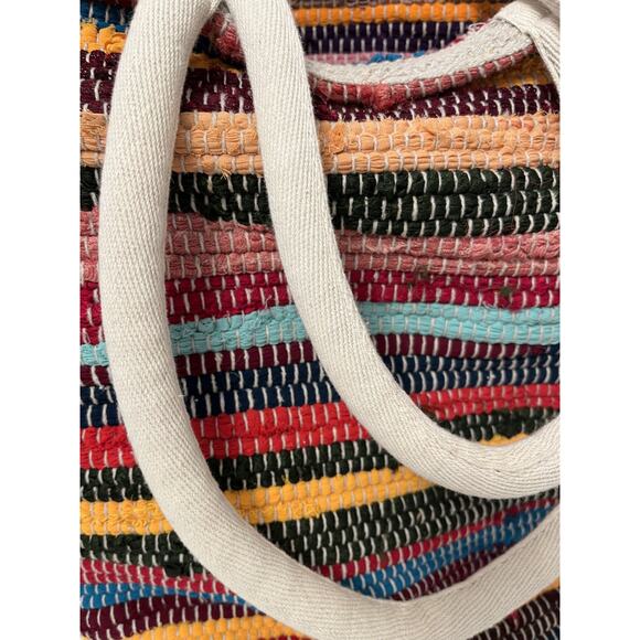 Woven Tote Beach Bucket Bag Multicolor Fabrics, Shoulder Handles Boho Folk Art - Picture 2 of 5